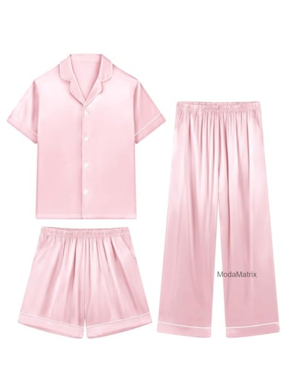 3PC Satin Pajama Set for Kids Button Down Short Sleeve Sleepwear Lounge Girls